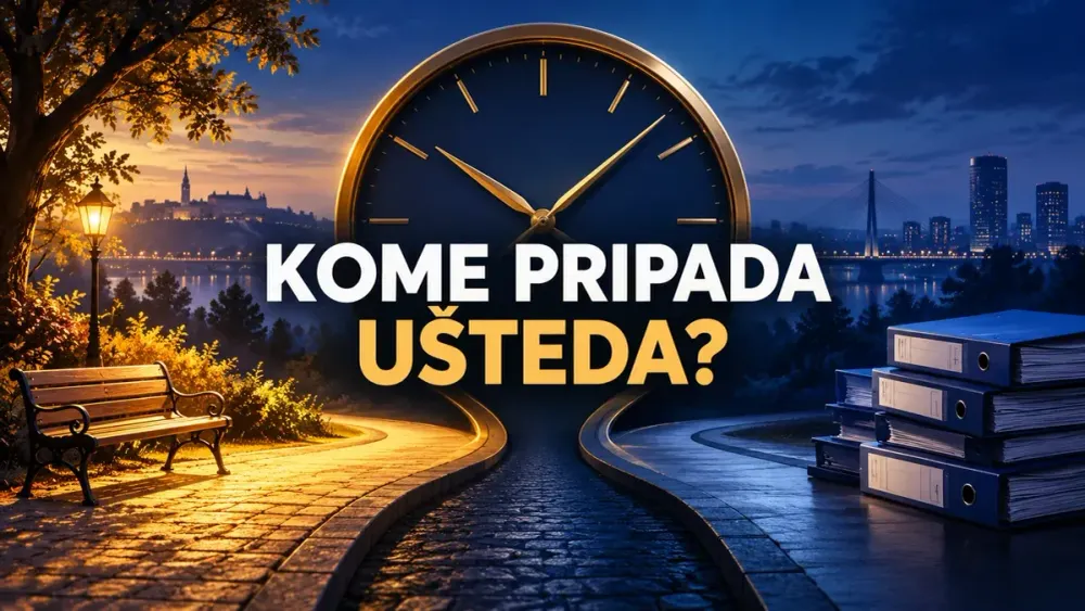 Ilustracija sata između puta ka slobodnoj klupi i puta ka gomili poslovnih fascikli, s pitanjem o uštedi.