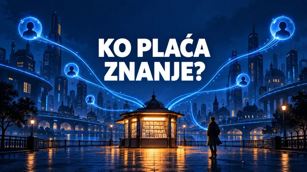 Novinski kiosk u digitalnom gradu, povezan plavim linijama s ljudima i agentima.