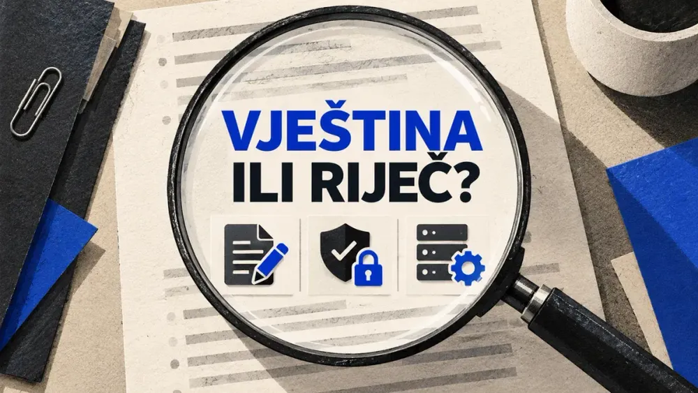 Ilustracija lupe nad praznim oglasom za posao i karticama koje predstavljaju različite AI zadatke.