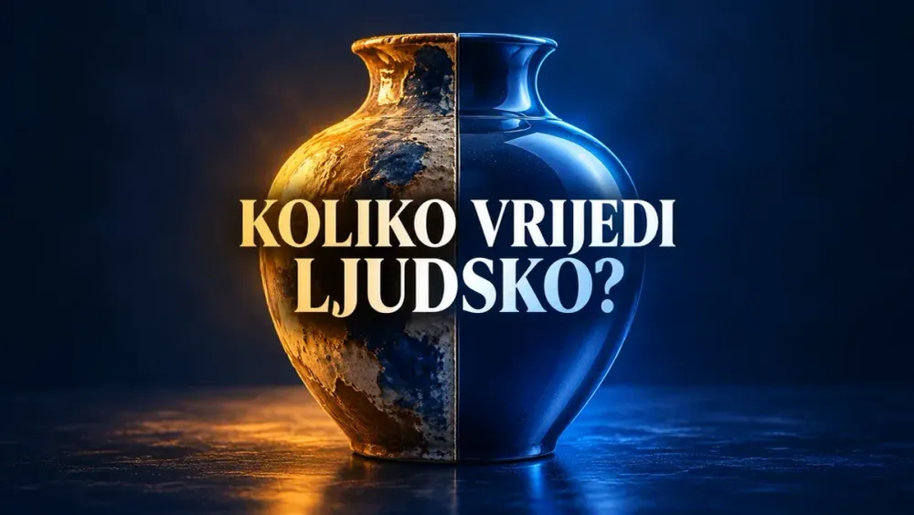 Ilustracija vaze podijeljene na ručno izrađenu i glatku AI polovinu, s pitanjem o vrijednosti ljudskog rada.
