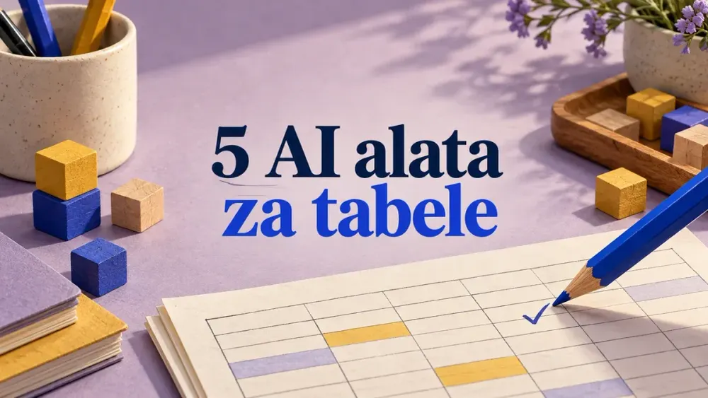 Papirna tabela i plava olovka uz naslov 5 AI alata za tabele.