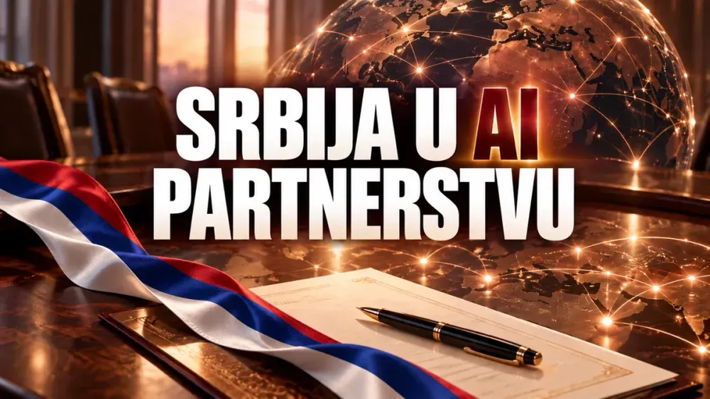 Srpska trobojka uz dokument i mrežu međunarodnih veza; naslov Srbija u AI partnerstvu.