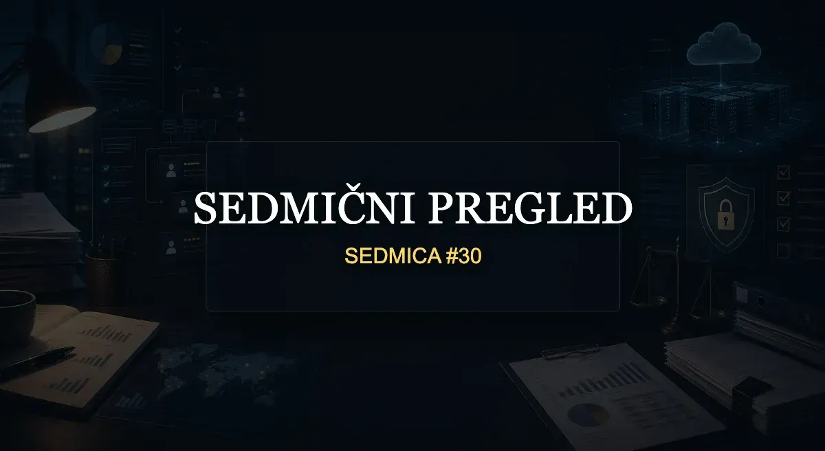Tamna urednička scena sa poslovnim ekranima, dokumentima, sigurnosnim simbolima i vidljivim naslovom SEDMIČNI PREGLED i SEDMICA #30.