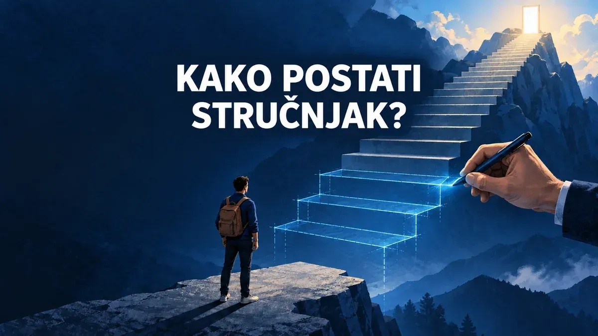 Ilustracija osobe pred prekinutim stepeništem; naslov „Kako postati stručnjak?“ nalazi se u sredini slike.