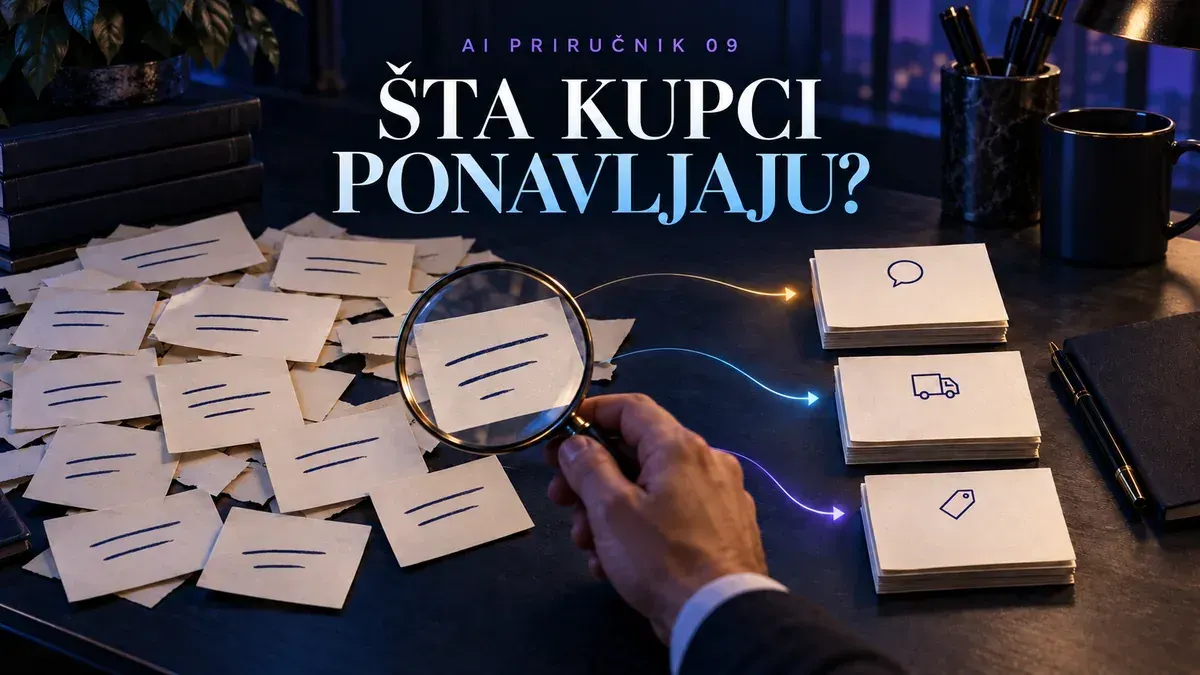 Analiza poruka kupaca uz AI, razvrstane kartice na radnom stolu i ruka koja provjerava izvorne poruke.