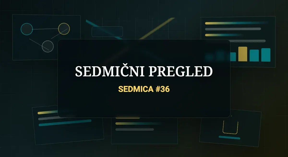 Tamna urednička scena sa mrežom AI agenata, sigurnosnim štitom, poslovnim grafikonima i dokumentima, uz vidljiv naslov SEDMIČNI PREGLED i SEDMICA #36.