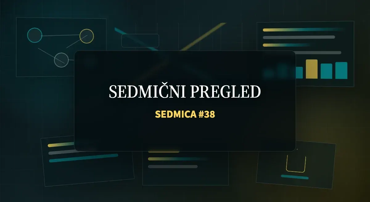 Tamna redakcijska scena sa mrežom AI agenata, poslovnim grafikonima, sigurnosnim štitom i čip infrastrukturom, uz vidljiv naslov SEDMIČNI PREGLED i SEDMICA #38.