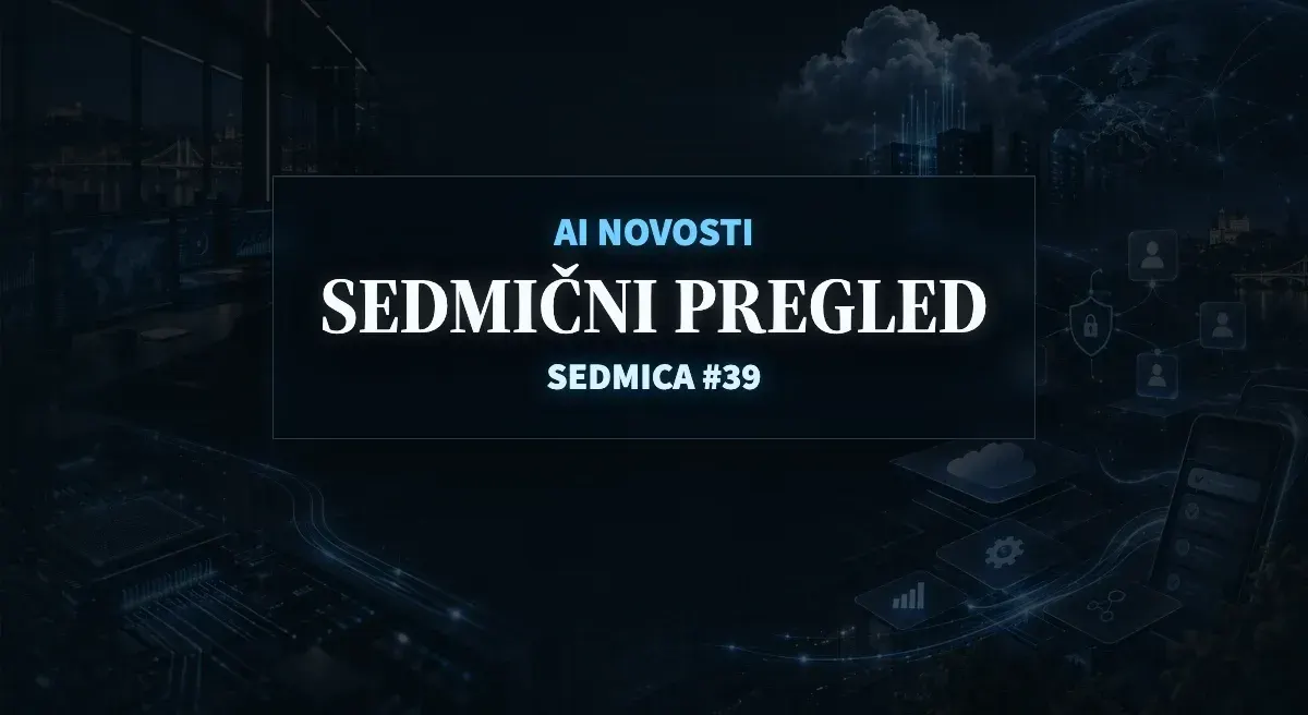 Tamna tehnološka poslovna scena sa AI infrastrukturom, podacima, agentima i vidljivim naslovom SEDMIČNI PREGLED, SEDMICA #39.
