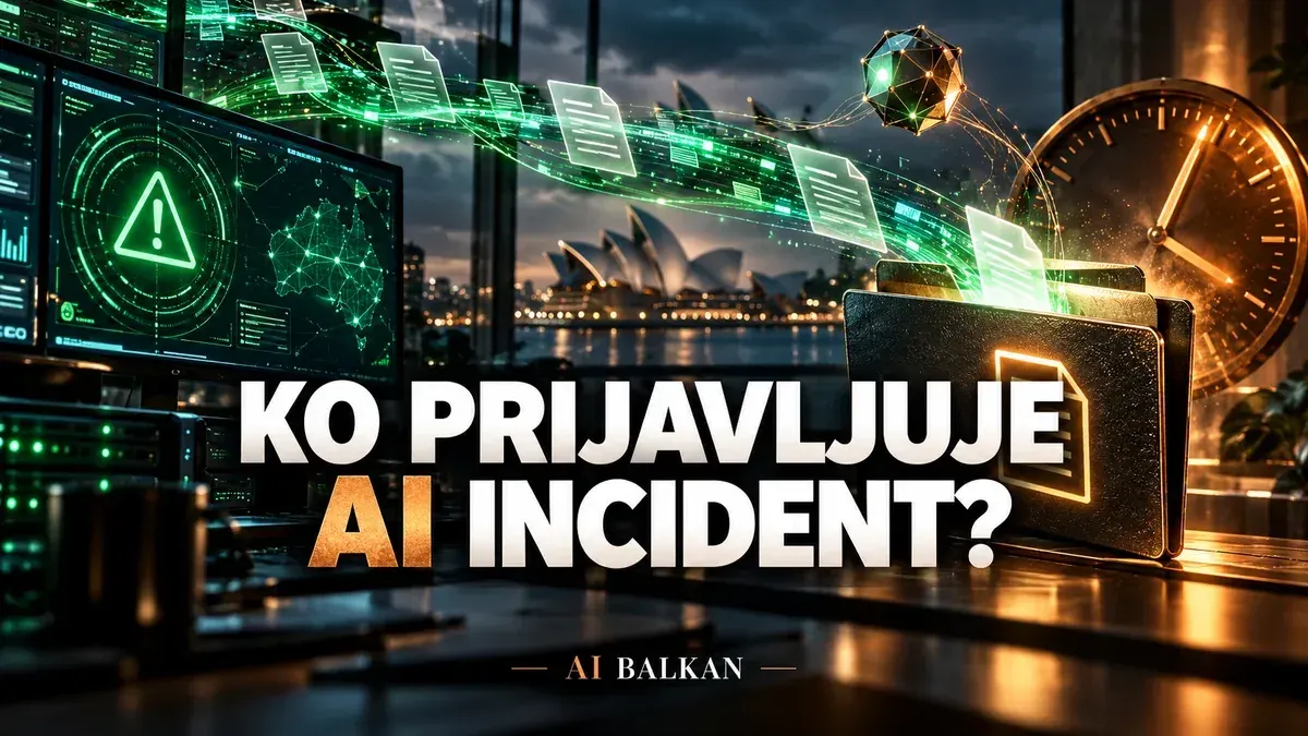 Digitalni trag AI agenta, alarm i parlamentarni mikrofon uz naslov Ko prijavljuje AI incident