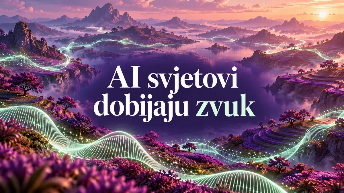 Ljubičasti pejzaž i talas zvuka kroz virtuelnu scenu, uz naslov AI svjetovi dobijaju zvuk.