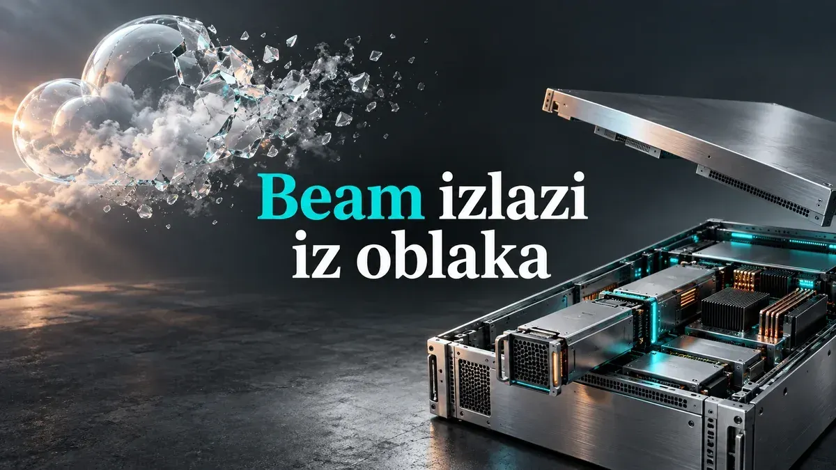 Otvoreno kućište servera s tirkiznim svjetlom, uz naslov Beam izlazi iz oblaka.