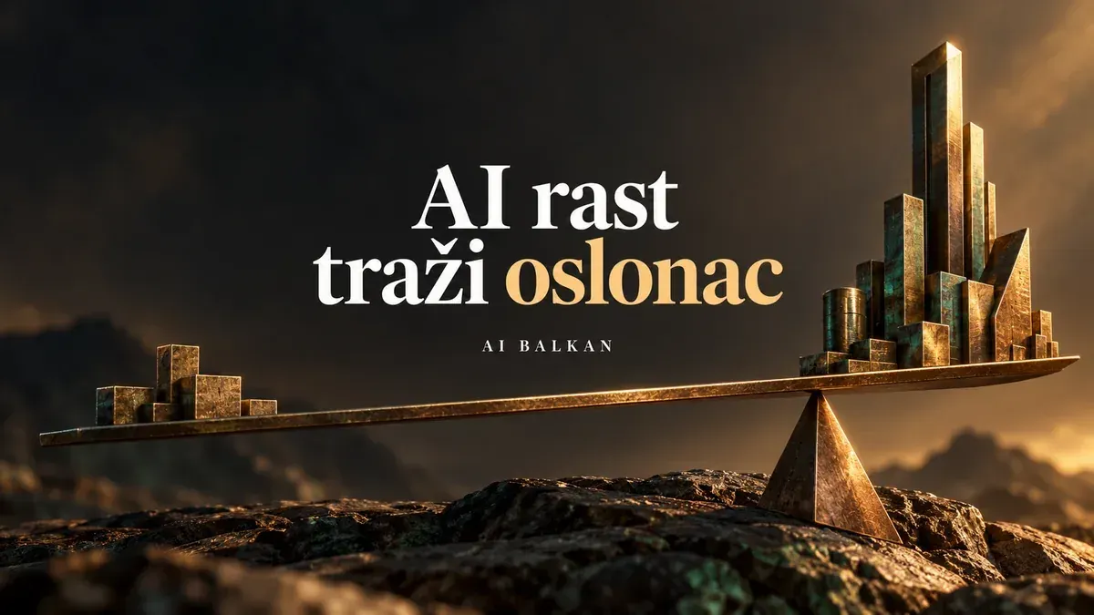 AI ilustracija gradskih blokova na bronzanoj klackalici, uz naslov AI rast traži oslonac.
