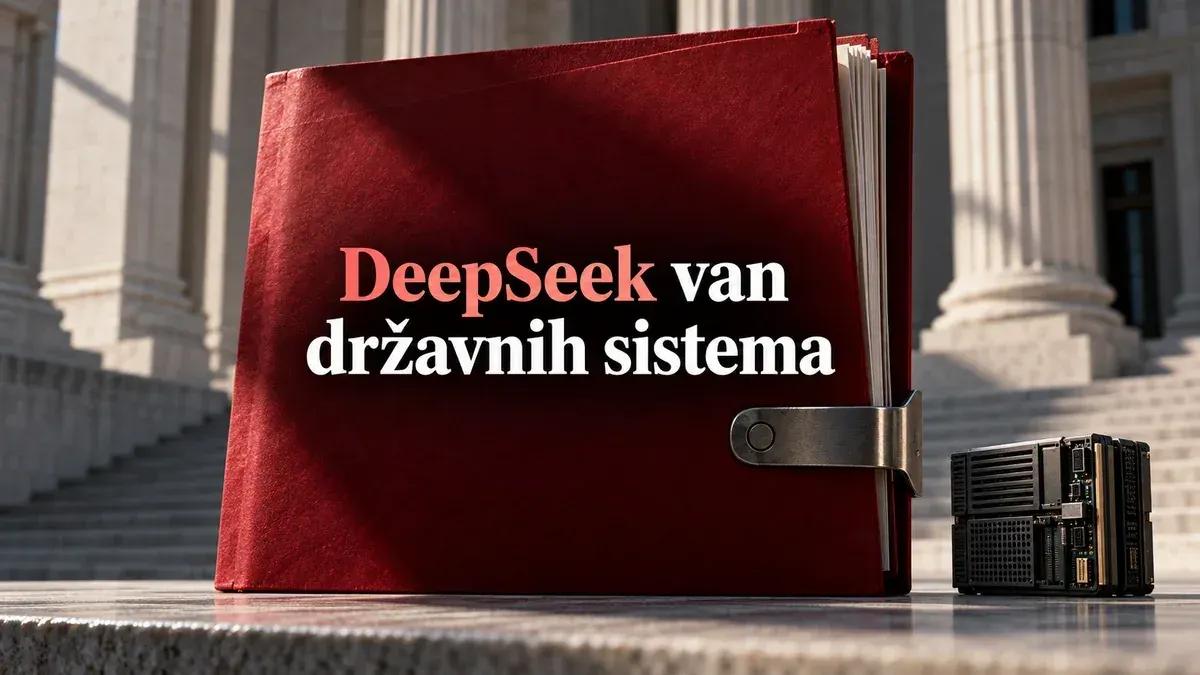 Crvena fascikla ispred državne zgrade i naslov „DeepSeek van državnih sistema“.