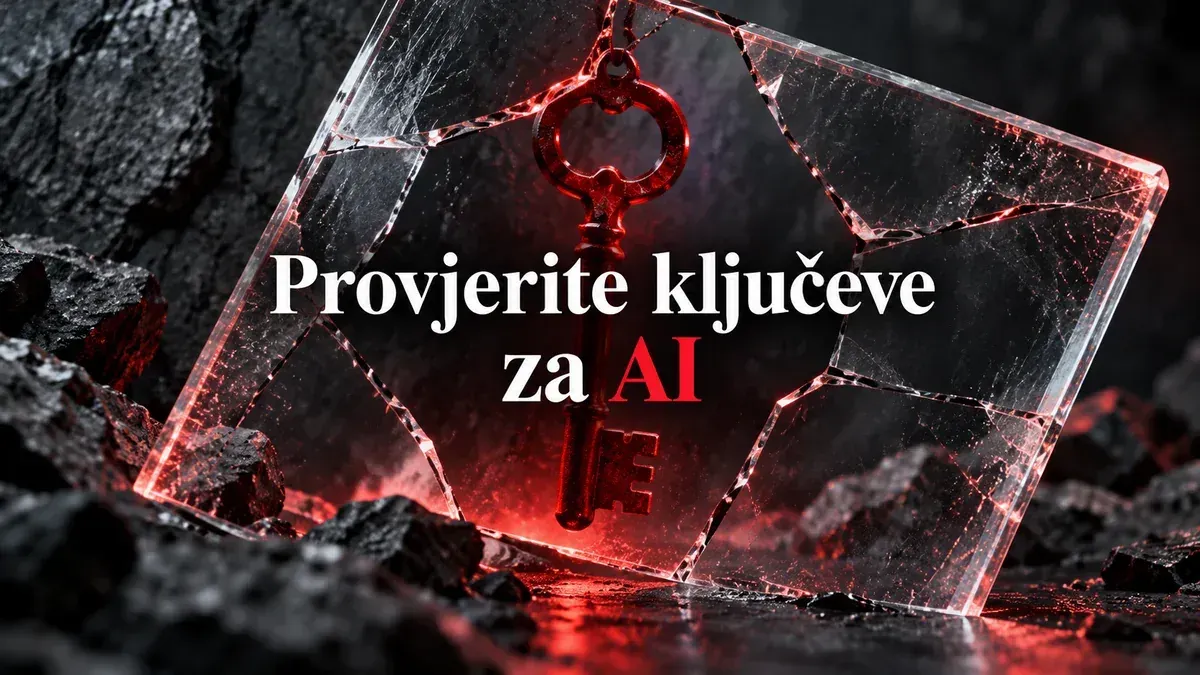 Crveni pristupni ključ iza napuklog stakla, uz naslov Provjerite ključeve za AI.