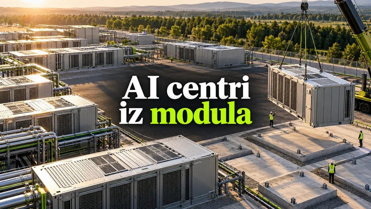 AI ilustracija modularnih serverskih jedinica na pripremljenoj lokaciji, uz naslov AI centri iz modula.
