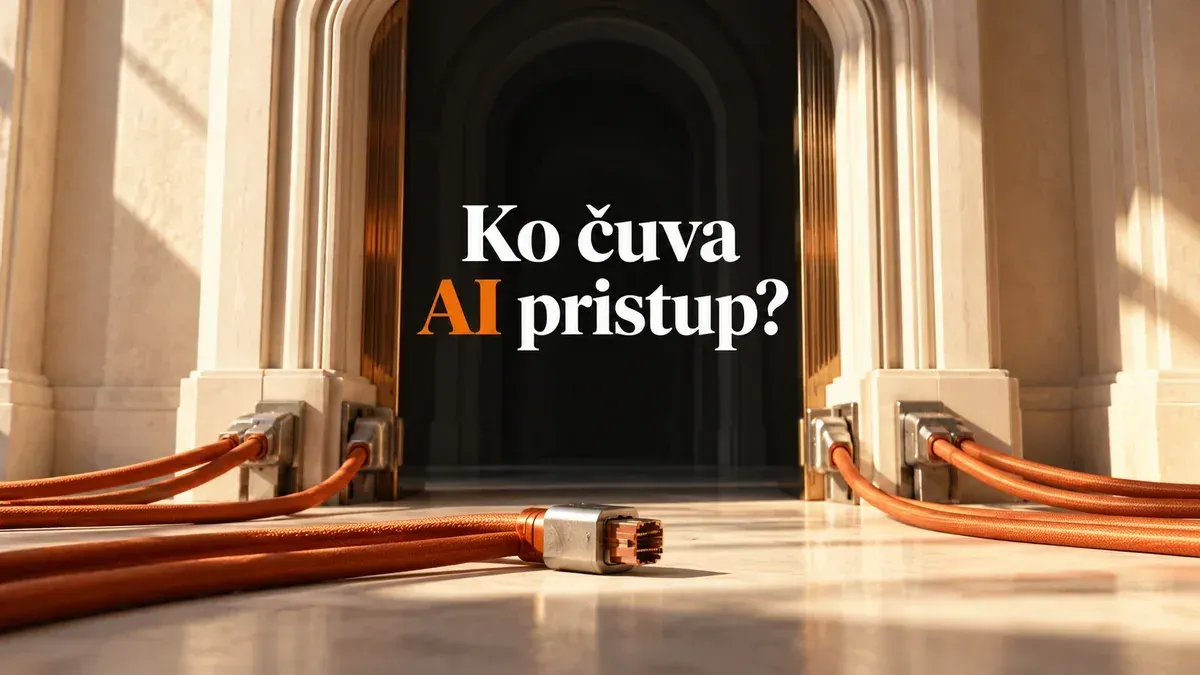 Narandžasti kablovi i odvojeni priključak pred tamnim prolazom, uz naslov Ko čuva AI pristup?
