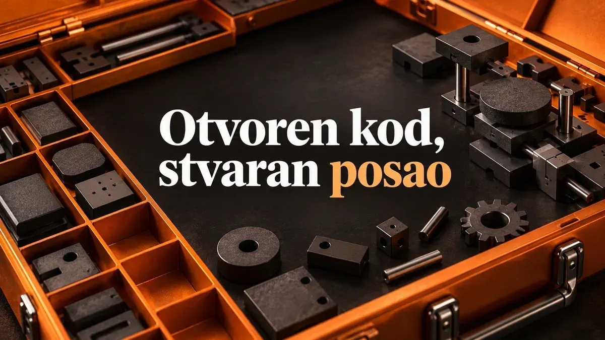 AI ilustracija otvorenog modularnog softverskog sklopa uz naslov Otvoren kod, stvaran posao.
