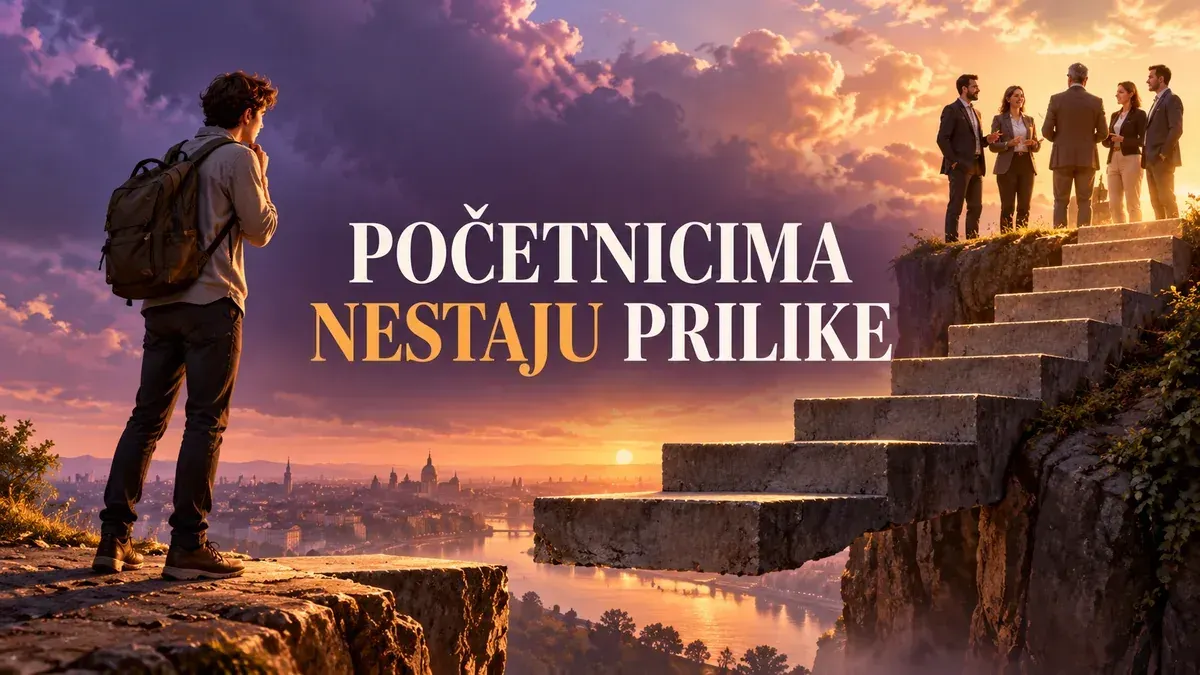 Ilustracija početnika ispred karijernih stepenica kojima nedostaje najniža prečka.