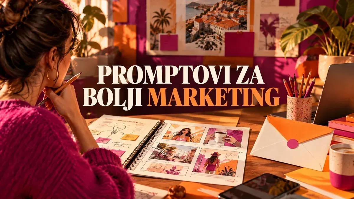Ilustracija kreativnog stola s marketing briefom, storyboardom i kovertom za email.