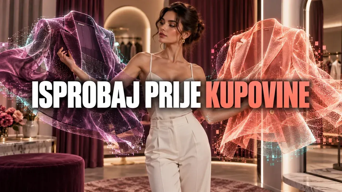 Žena u garderobi upoređuje dva digitalno prikazana sakoa; naslov Isprobaj prije kupovine.