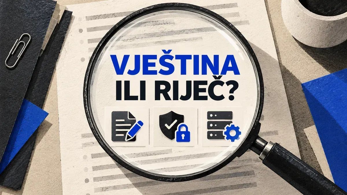 Ilustracija lupe nad praznim oglasom za posao i karticama koje predstavljaju različite AI zadatke.