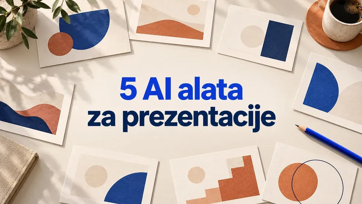 Papirni slajdovi na stolu uz naslov 5 AI alata za prezentacije.