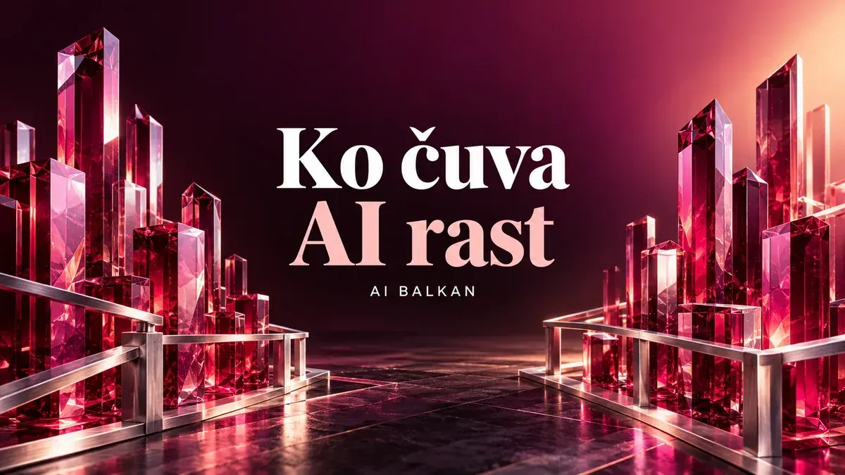AI ilustracija rubinskih kristalnih tornjeva sa zaštitnim ogradama, uz naslov Ko čuva AI rast.