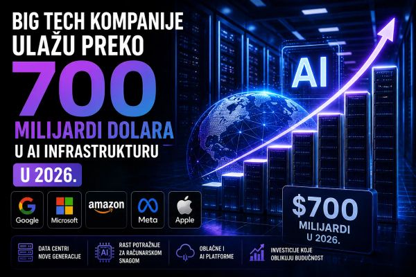 Big Tech kompanije ulažu preko 700 milijardi dolara u AI infrastrukturu u 2026. To je više od BDP-a Švajcarske.