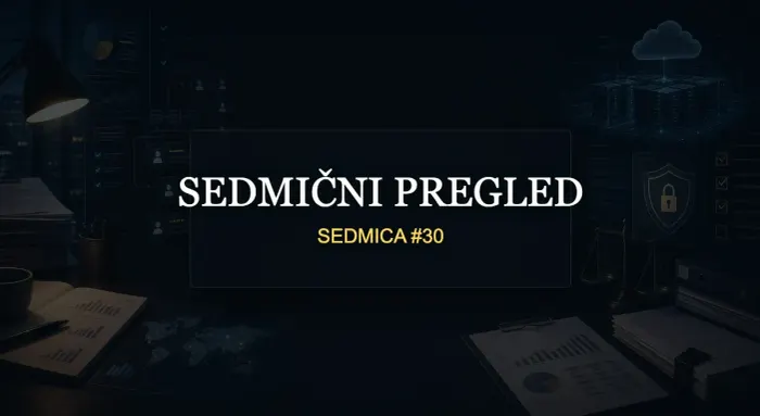 Tamna urednička scena sa poslovnim ekranima, dokumentima, sigurnosnim simbolima i vidljivim naslovom SEDMIČNI PREGLED i SEDMICA #30.