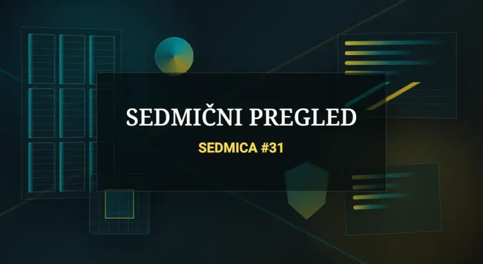Tamna urednička scena sa serverima, poslovnim panelima, dokumentima, čipom i vidljivim naslovom SEDMIČNI PREGLED i SEDMICA #31.