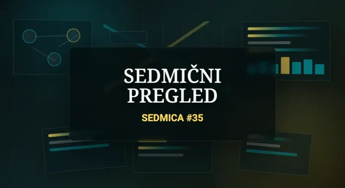 Tamna urednička scena sa mrežom AI agenata, poslovnim grafikonima i dokumentima, uz vidljiv naslov SEDMIČNI PREGLED i SEDMICA #35.