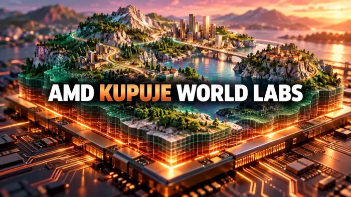 Ilustracija prostornog svijeta izgrađenog na čipu, uz naslov AMD kupuje World Labs.