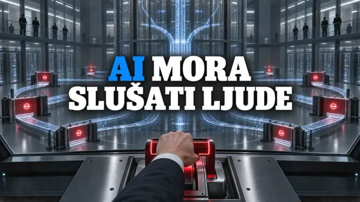 Ljudska ruka drži prekidač koji zaustavlja AI puteve iza sigurnosnih kapija.