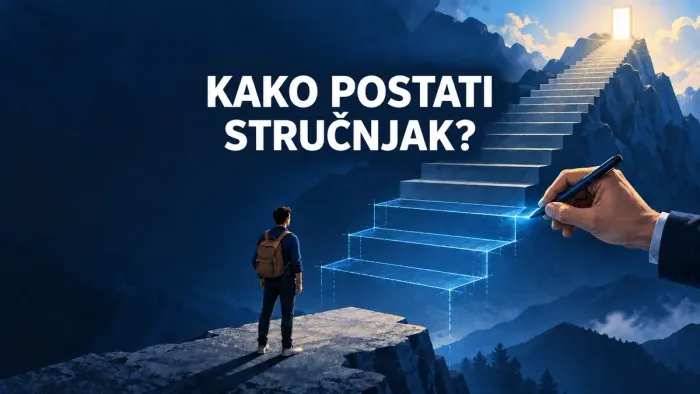 Ilustracija osobe pred prekinutim stepeništem; naslov „Kako postati stručnjak?“ nalazi se u sredini slike.