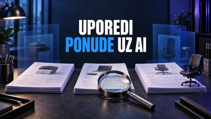 Tri ponude dobavljača pod lupom, uz naslov UPOREDI PONUDE UZ AI, na plavoj uredničkoj ilustraciji.