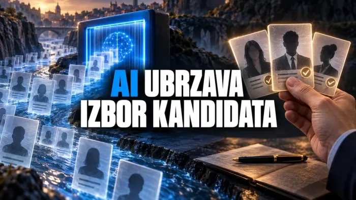 AI filtrira kartice kandidata, dok ljudska ruka zadržava konačni izbor.