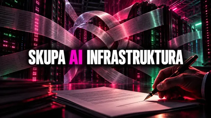 Ilustracija serverskih ormara i ugovora uz naslov Skupa AI infrastruktura.