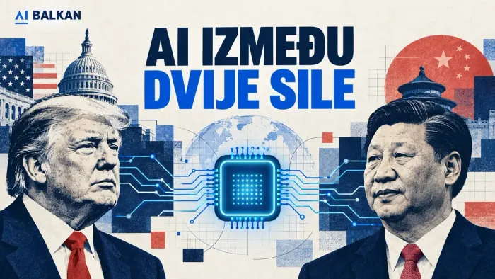 Ilustracija Trumpa i Sija uz AI čip i naslov „AI između dvije sile“.