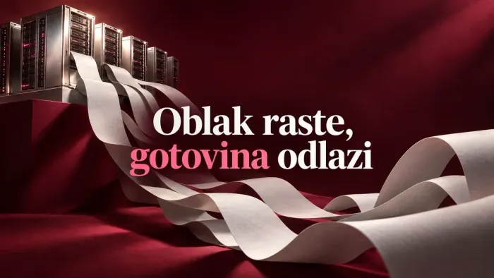 Srebrni serveri i papirne trake na bordo podlozi, uz naslov Oblak raste, gotovina odlazi.
