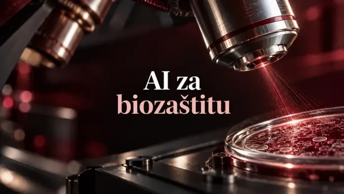 Mikroskop i posuda za uzorke u bordo svjetlu uz naslov AI za biozaštitu.