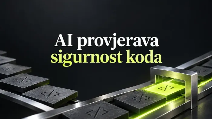 Metalni blokovi koda prolaze kroz osvijetljeni okvir uz naslov AI provjerava sigurnost koda.