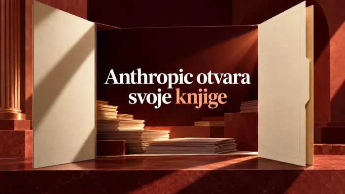 Otvorena fascikla i finansijski papiri u bakarnoj sceni uz naslov Anthropic otvara svoje knjige.