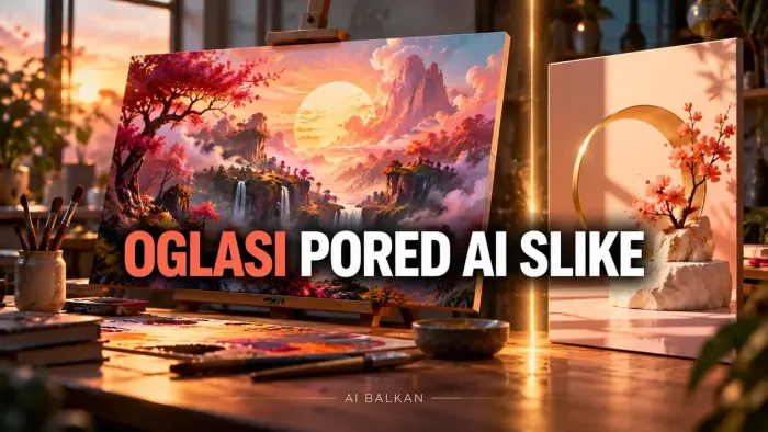 AI ilustracija slike na štafelaju i zasebnog oglasa, s naslovom Oglasi pored AI slike
