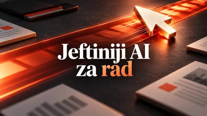 Svijetli pokazivač na narandžastoj radnoj putanji, uz naslov Jeftiniji AI za rad.