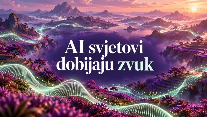 Ljubičasti pejzaž i talas zvuka kroz virtuelnu scenu, uz naslov AI svjetovi dobijaju zvuk.