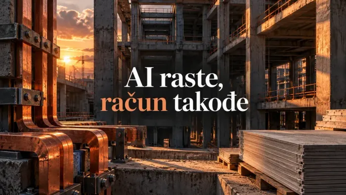 Ilustracija betonske konstrukcije data centra i bakarnih elemenata, uz naslov AI raste, račun takođe.