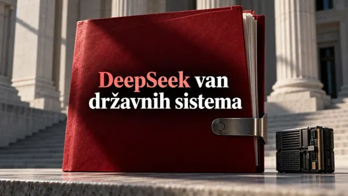 Crvena fascikla ispred državne zgrade i naslov „DeepSeek van državnih sistema“.