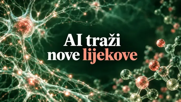 Ilustracija neuronske mreže i molekula uz naslov AI traži nove lijekove.