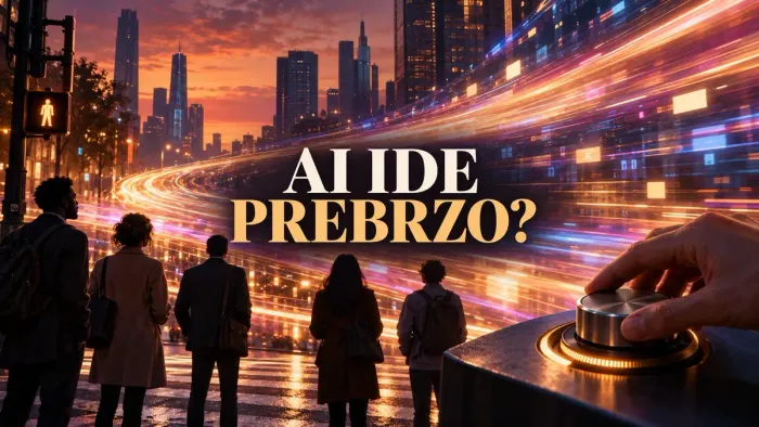 Urednička AI ilustracija: ljudi gledaju tok svjetlosti, uz naslov „AI ide prebrzo?“