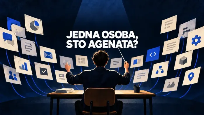 Ilustracija osobe koja dirigentskim štapom usmjerava kartice sa poslovnim zadacima.